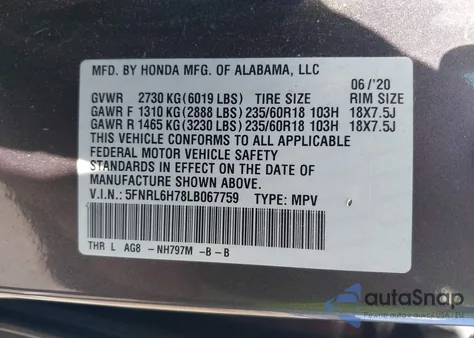 2020 Honda Odyssey Ex-L/Ex-L W/Navi Res z USA, uszkodzony, nr VIN 5FNRL6H78LB067759